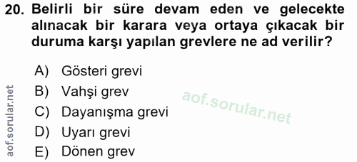 20. soru: Belirli bir süre devam eden ve gelecekte alınacak bir karara veya ortaya çıkacak bir duruma karşı yapılan grevlere ne…