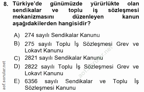 8. soru: Türkiye'de günümüzde yürürlükte olan sendikalar ve toplu iş sözleşmesi mekanizmasını düzenleyen kanun aşağıdakilerden…