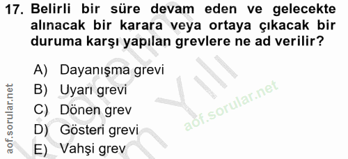 17. soru: Belirli bir süre devam eden ve gelecekte alınacak bir karara veya ortaya çıkacak bir duruma karşı yapılan grevlere ne…