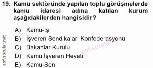 19. soru: Kamu sektöründe yapılan toplu görüşmelerde kamu idaresi adina katılan kurum aşağıdakilerden hangisidir? A) Kamu-İş B)…
