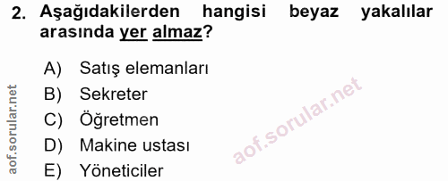 2. soru: Aşağıdakilerden hangisi beyaz yakalılar arasında yer almaz? A) Satış elemanları B) Sekreter C) Öğretmen D) Makine ust…