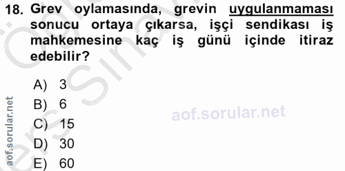 18. soru: Grev oylamasında, grevin uygulanmaması sonucu ortaya çıkarsa, işçi sendikası iş mahkemesine kaç iş günü içinde itiraz…