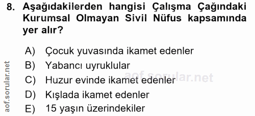 8. soru: Aşağıdakilerden hangisi Çalışma Çağındaki Kurumsal Olmayan Sivil Nüfus kapsamında yer alır? A) Çocuk yuvasında ikamet…