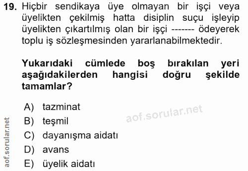 19. soru: Hiçbir sendikaya üye olmayan bir işçi veya üyelikten çekilmiş hatta disiplin suçu işleyip üyelikten çıkartılmış olan…