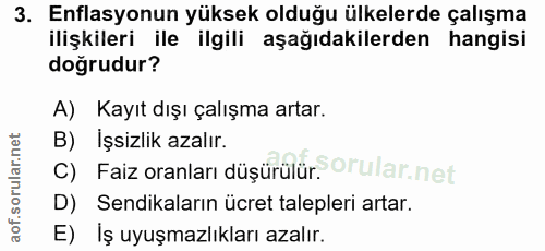 3. soru: Enflasyonun yüksek olduğu ülkelerde çalışma ilişkileri ile ilgili aşağıdakilerden hangisi doğrudur? A) Kayıt dışı çal…