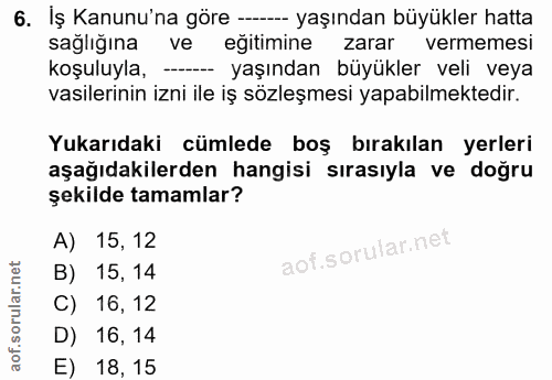 6. soru: İş Kanunu'na göre ---- yaşından büyükler hatta sağlığına ve eğitimine zarar vermemesi koşuluyla, - yaşından büyükler…