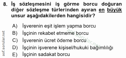 8. soru: Iş sözleşmesini iş görme borcu doğuran diğer sözleşme türlerinden ayıran en büyük unsur aşağıdakilerden hangisidir? A…