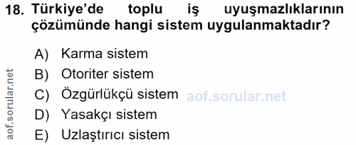 18. soru: Türkiye'de toplu iş uyuşmazlıklarının çözümünde hangi sistem uygulanmaktadır? A) Karma sistem B) Otoriter sistem C) Ö…
