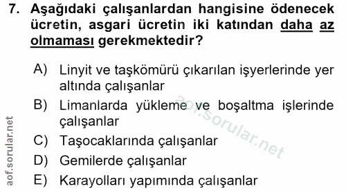 7. soru: Aşağıdaki çalışanlardan hangisine ödenecek ücretin, asgari ücretin iki katından daha az olmaması gerekmektedir? A) Li…