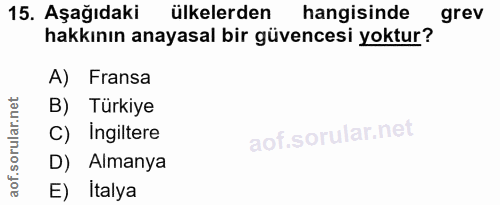 15. soru: Aşağıdaki ülkelerden hangisinde grev hakkının anayasal bir güvencesi yoktur? A) Fransa B) Türkiye C) Ingiltere D) Alm…