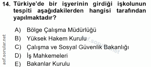 14. soru: Türkiye'de bir işyerinin girdiği işkolunun tespiti aşağıdakilerden hangisi tarafından yapılmaktadır? A) Bölge Çalışma…