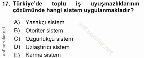17. soru: Türkiye'de toplu iş uyuşmazlıklarının çözümünde hangi sistem uygulanmaktadır? A) Yasakçı sistem B) Otoriter sistem so…