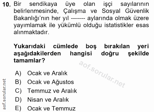 10. soru: Bir sendikaya üye olan işçi sayılarının belirlenmesinde, Çalışma ve Sosyal Güvenlik Bakanlığı'nın her yıl -- aylarınd…