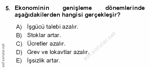 5. soru: Ekonominin genişleme dönemlerinde aşağıdakilerden hangisi gerçekleşir? A) Işgücü talebi azalır. B) Stoklar artar. C)…