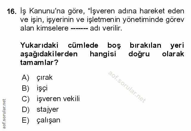 16. soru: İş Kanunu'na göre, "İşveren adına hareket eden ve işin, işyerinin ve işletmenin yönetiminde görev alan kimselere ----…