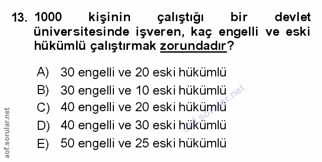 13. soru: 1000 kişinin çaliştiğı bir devlet üniversitesinde işveren, kaç engelli ve eski hükümlü çalıştırmak zorundadır? A) 30…