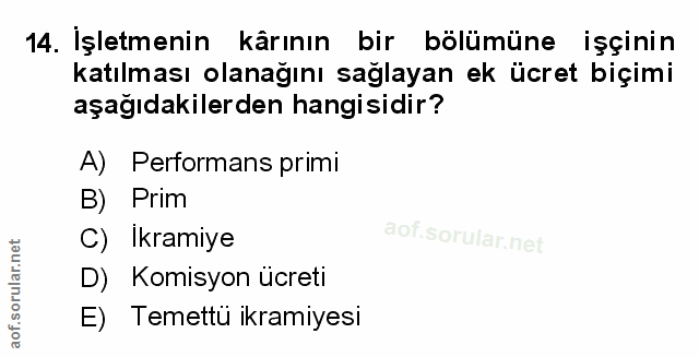 14. soru: Işletmenin kârının bir bölümüne işçinin katılması olanağını sağlayan ek ücret biçimi aşağıdakilerden hangisidir? A) P…
