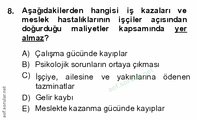8. soru: Aşağıdakilerden hangisi iş kazaları ve meslek hastalıklarının işçiler açısından doğur duğu maliyetler kapsamında yer…
