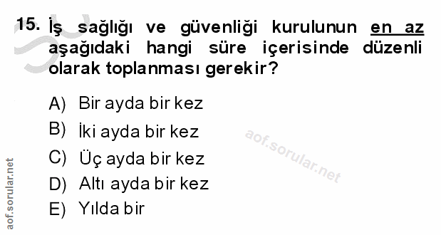 15. soru: İş sağlığı ve güvenliği kurulunun en az aşağıdaki hangi süre içerisinde düzenli olarak toplanması gerekir? A) Bir ayd…