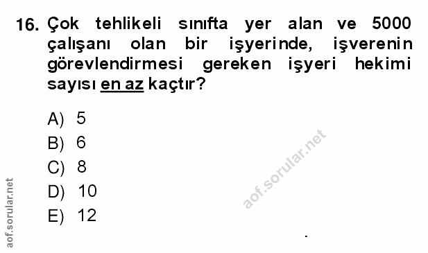 16. soru: Çok tehlikeli sınıfta yer alan ve 5000 çalışanı olan bir işyerinde, işverenin görevlendirmesi gereken işyeri hekimi s…