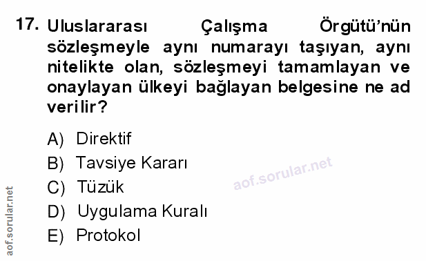 17. soru: Uluslararası Çalışma Örgütü'nün sözleşmeyle aynı numarayı taşıyan, aynı nitelikte olan, sözleşmeyi tamamlayan ve onay…