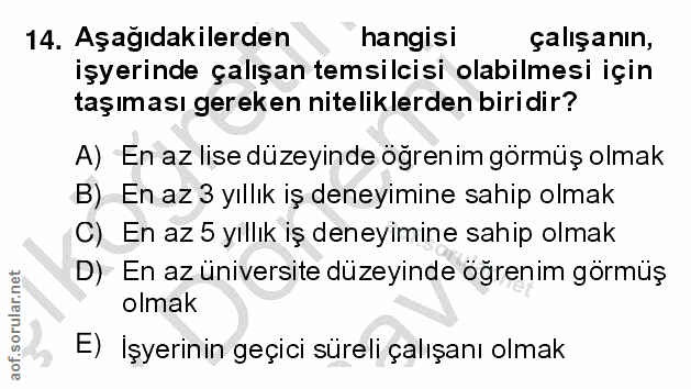 14. soru: Aşağıdakilerden hangisi çalışanın, işyerinde çalışan temsilcisi olabilmesi için taşıması gereken niteliklerden biridi…