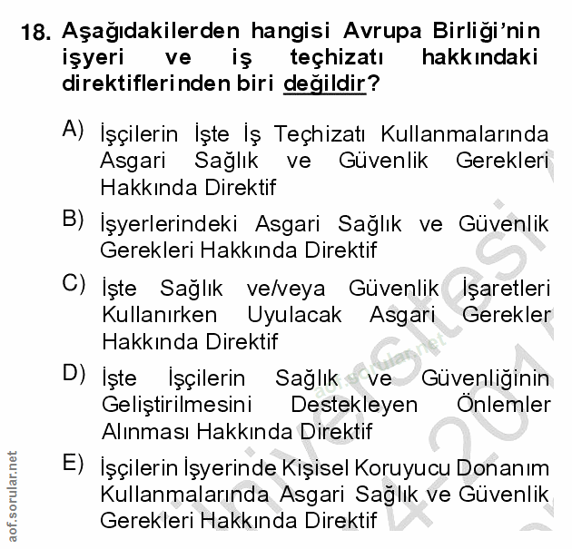 18. soru: Aşağıdakilerden hangisi Avrupa Birligi'nin işyeri ve iş teçhizatı hakkındaki direktiflerinden biri değildir? A) İşçil…