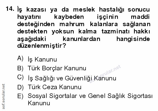 14. soru: İş kazası ya da meslek hastalığı sonucu hayatını kaybeden işçinin maddi desteginden mahrum kalanlara saglanan destekt…