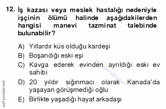 12. soru: İş kazası veya meslek hastalığı nedeniyle işçinin ölümü halinde aşağıdakilerden hangisi manevi tazminat talebinde bul…