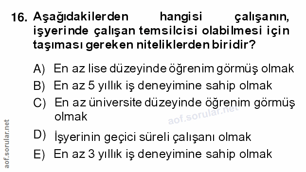 16. soru: Aşağıdakilerden hangisi çalışanın, işyerinde çalışan temsilcisi olabilmesi için taşıması gereken niteliklerden biridi…