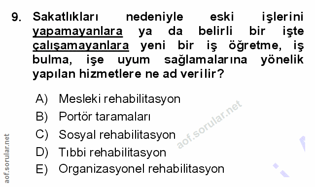 9. soru: Sakatlıkları nedeniyle eski işlerini yapamayanlara ya da belirli bir işte çalışamayanlara yeni bir iş ögretme, iş bul…