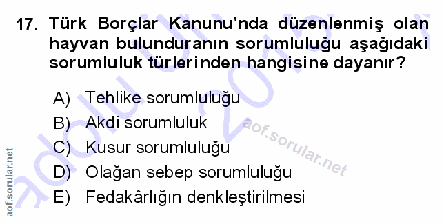 17. soru: Türk Borçlar Kanunu'nda düzenlenmiş olan hayvan bulunduranın sorumluluğu aşağıdaki sorumluluk türlerinden hangisine d…