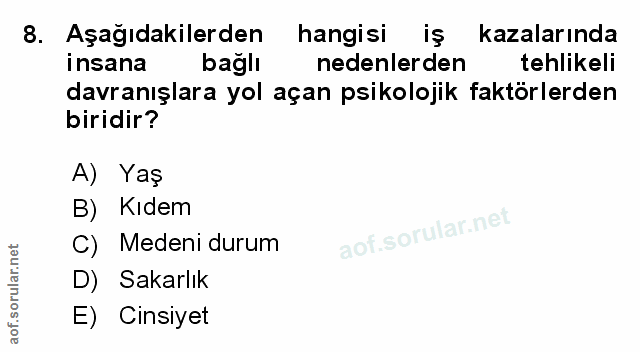 8. soru: Aşağıdakilerden hangisi iş kazalarında insana bağlı nedenlerden tehlikeli davranışlara yol açan psikolojik faktörlerd…