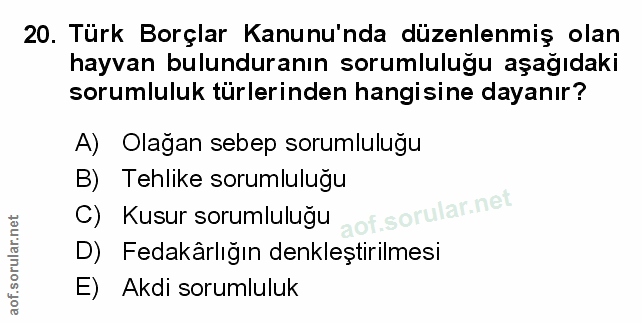 20. soru: Türk Borçlar Kanunu'nda düzenlenmiş olan hayvan bulunduranın sorumluluğu aşağıdaki sorumluluk türlerinden hangisine d…