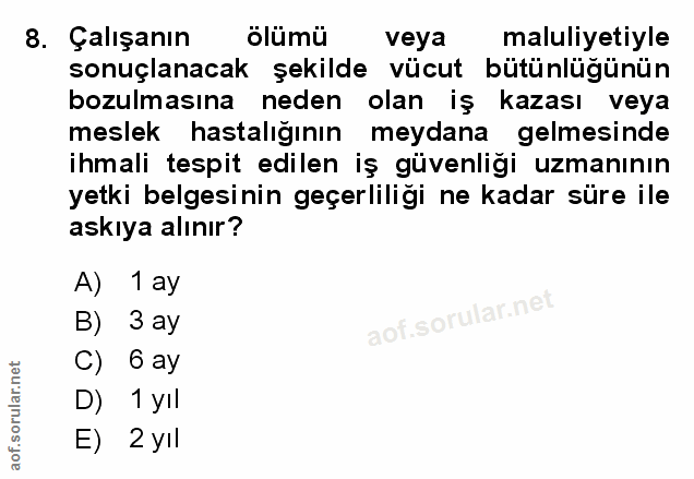 8. soru: Çalışanın ölumü veya maluliyetiyle sonuçlanacak şekilde vücut bütünlüğünün bozulmasına neden olan iş kazası veya mesl…