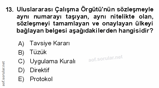 13. soru: Uluslararası Çalışma Örgütü'nün sözleşmeyle aynı numarayı taşıyan, aynı nitelikte olan, sözleşmeyi tamamlayan ve onay…