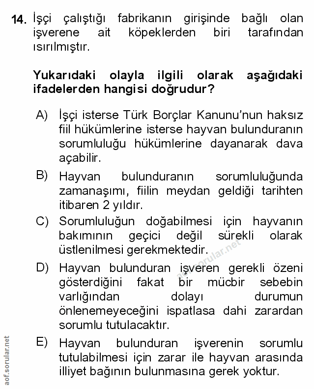 14. soru: Işçi çalıştığı fabrikanın girişinde bağlı olan işverene ait köpeklerden biri tarafından ısırılmıştır. Yukarıdaki olay…