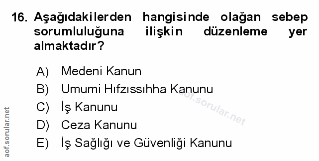 16. soru: Aşağıdakilerden hangisinde olağan sebep sorumluluğuna ilişkin düzenleme yer almaktadır? A) Medeni Kanun B) Umumi Hıfz…
