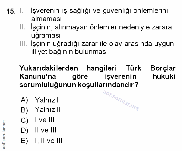 15. soru: I. Işverenin iş sağlığı ve güvenliği önlemlerini almaması II. İşçinin, alınmayan önlemler nedeniyle zarara ugraması I…