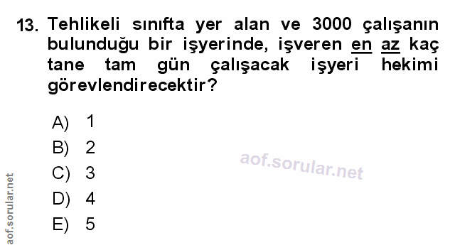 13. soru: Tehlikeli sinıfta yer alan ve 3000 çalışanın bulunduğu bir işyerinde, işveren en az kaç tane tam gün çalışacak işyeri…