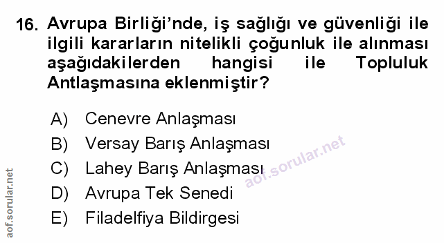16. soru: Avrupa Birliği'nde, iş sağlığı ve güvenliği ile ilgili kararların nitelikli çogunluk ile alınması aşağıdakilerden han…