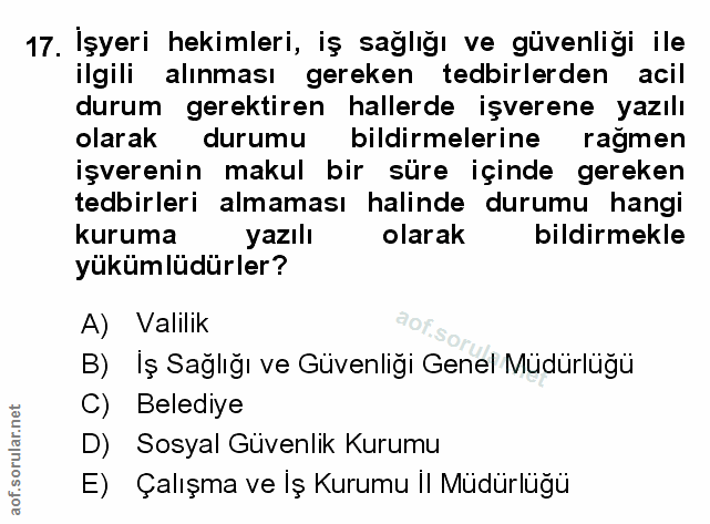 17. soru: Işyeri hekimleri, iş sağlığı ve güvenliği ile ilgili alınması gereken tedbirlerden acil durum gerektiren hallerde işv…