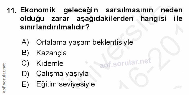 11. soru: Ekonomik gelecegin sarsılmasının neden oldugu zarar aşağıdakilerden hangisi ile sinırlandırılmalıdır? A) Ortalama yaş…