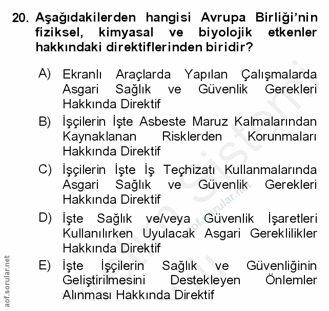 20. soru: Aşağıdakilerden hangisi Avrupa Birligi'nin fiziksel, kimyasal ve biyolojik etkenler hakkındaki direktiflerinden birid…