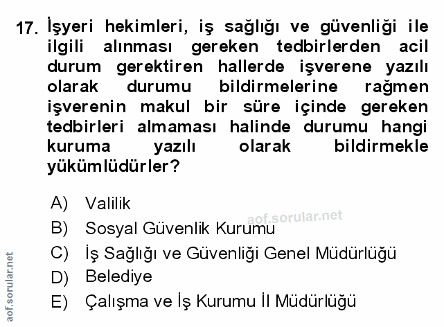 17. soru: Işyeri hekimleri, iş sağlığı ve güvenliği ile ilgili alınması gereken tedbirlerden acil durum gerektiren hallerde işv…