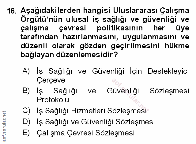 16. soru: Aşağıdakilerden hangisi Uluslararası Çalışma Örgütü'nün ulusal iş sağlığı ve güvenliği ve çalışma çevresi politikasın…
