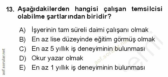 13. soru: Aşağıdakilerden hangisi çalışan temsilcisi olabilme şartlarından biridir? A) İşyerinin tam süreli daimi çalışanı olma…