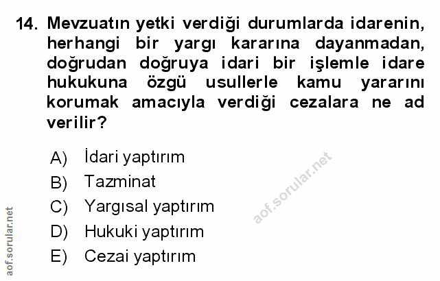 14. soru: Mevzuatın yetki verdigi durumlarda idarenin, herhangi bir yargı kararına dayanmadan, doğrudan doğruya idari bir işlem…