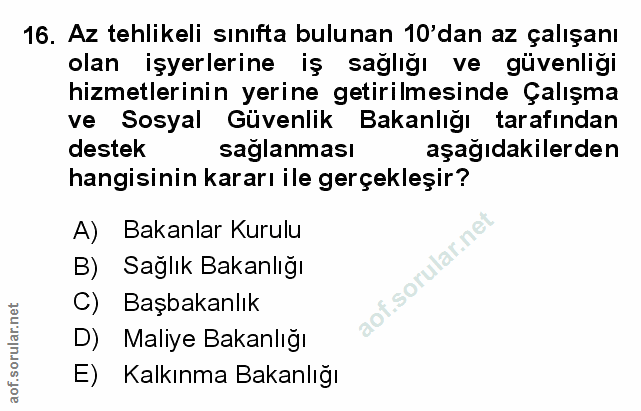 16. soru: Az tehlikeli sınıfta bulunan 10'dan az çalışanı olan işyerlerine iş sağlığı ve güvenliği hizmetlerinin yerine getiril…