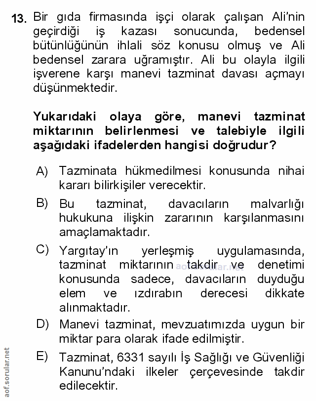 13. soru: Bir gıda firmasında işçi olarak çalışan Alinin geçirdigi iş kazası sonucunda, bedensel bütünlüğünün ihlali söz konusu…